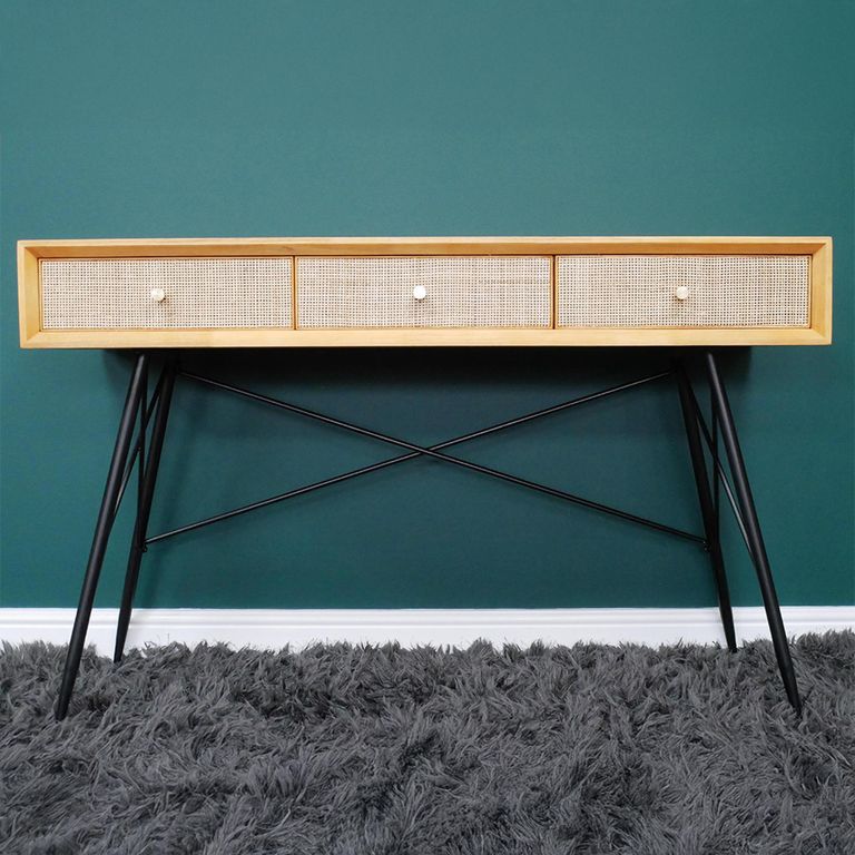 Desk - 3 Drawer - Rubber Wood and Rattan