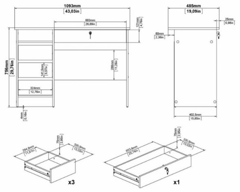 Function Plus White 3+1 Handle Free Drawer Single Desk