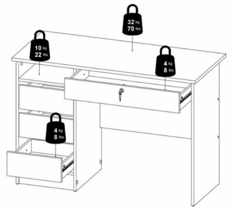 Function Plus White 3+1 Handle Free Drawer Single Desk