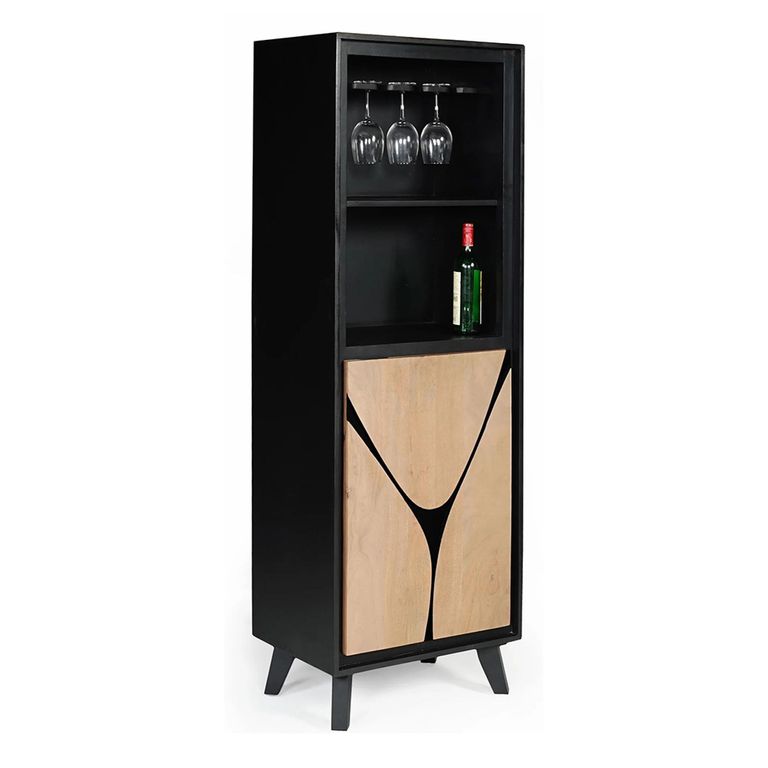Boho Wine Cabinet - Tall - 1 Door - Geometric Design - Natural and Black - Mango Wood