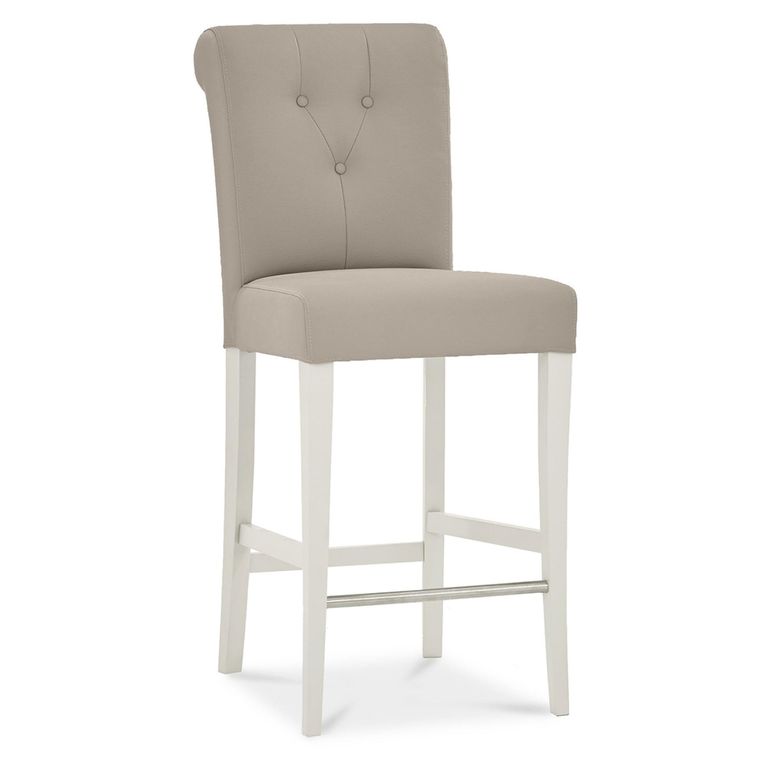 Montreux Bar Table Set - 2 Upholstered Grey Bonded Leather Barstools - Grey Washed Oak & Soft Grey