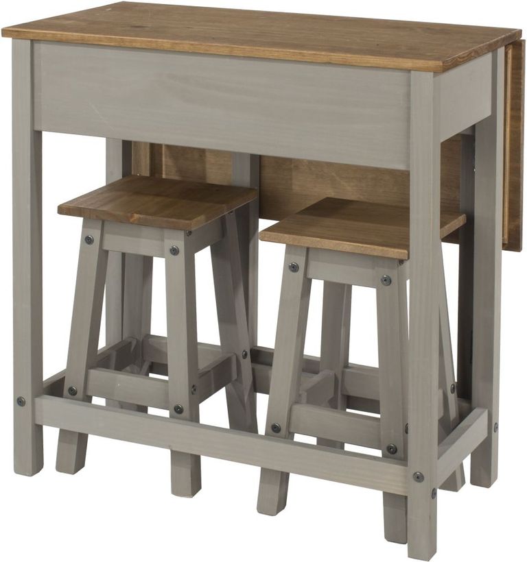 Corona Drop Leaf Table with 2 Stools - Grey Mexican Pine