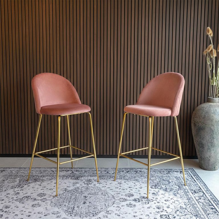Lausanne Barstool - Pink Velvet Fabric - Set of 2 - Gold Legs