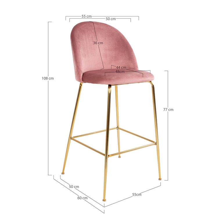 Lausanne Barstool - Pink Velvet Fabric - Set of 2 - Gold Legs