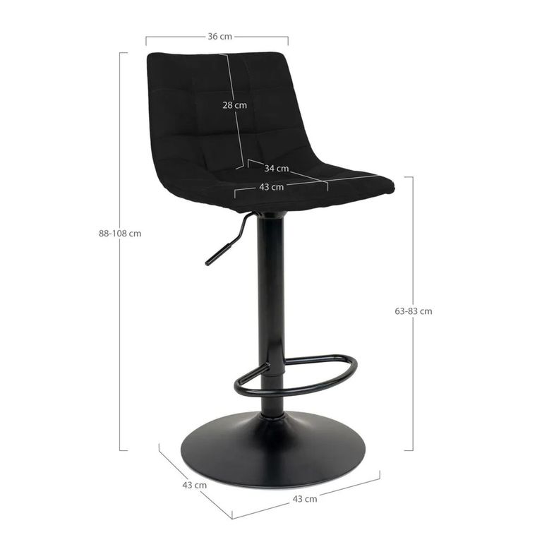 Middelfart Barstool - Black - Velvet Fabric - Set of 2 - Adjustable - with Back