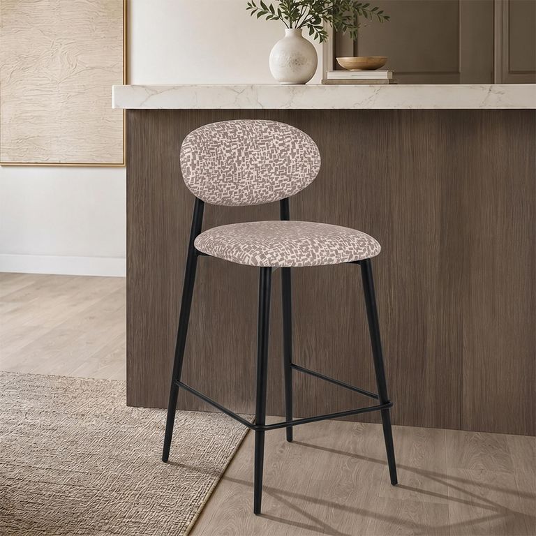 Dantes Counter Stool - Curved Back - Natural Geo and Black - Fabric and Metal