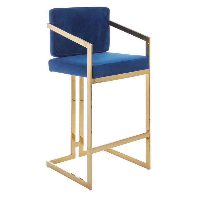 Azalea Barstool - Set of 2 - Blue Velvet Fabric with Gold Metal