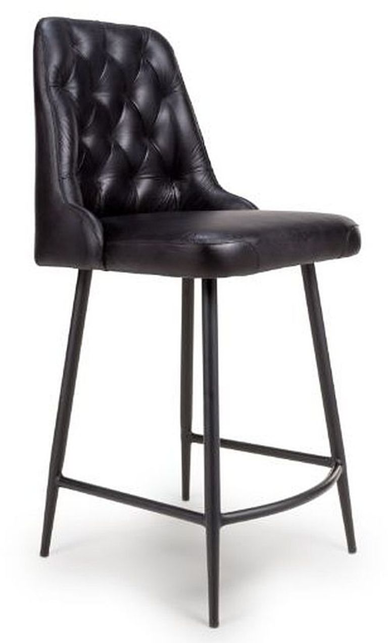Bradley Counter Stool - Set of 2 - Black Real Leather - with Back