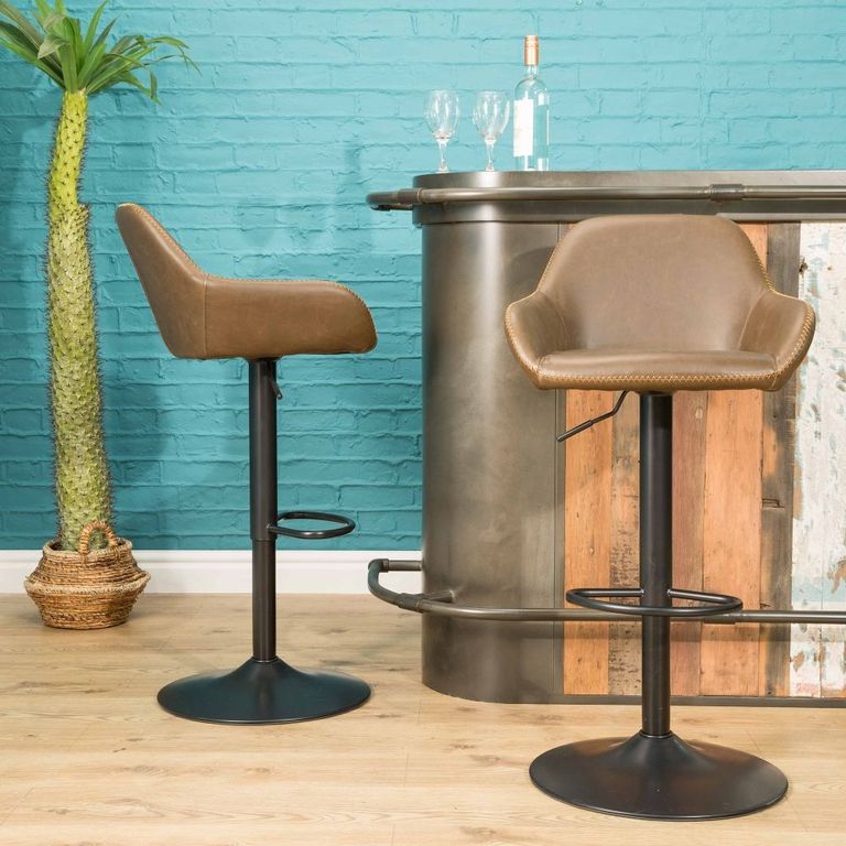 2 x Hawai Chestnut Vintage Leather Gas Lift Barstool