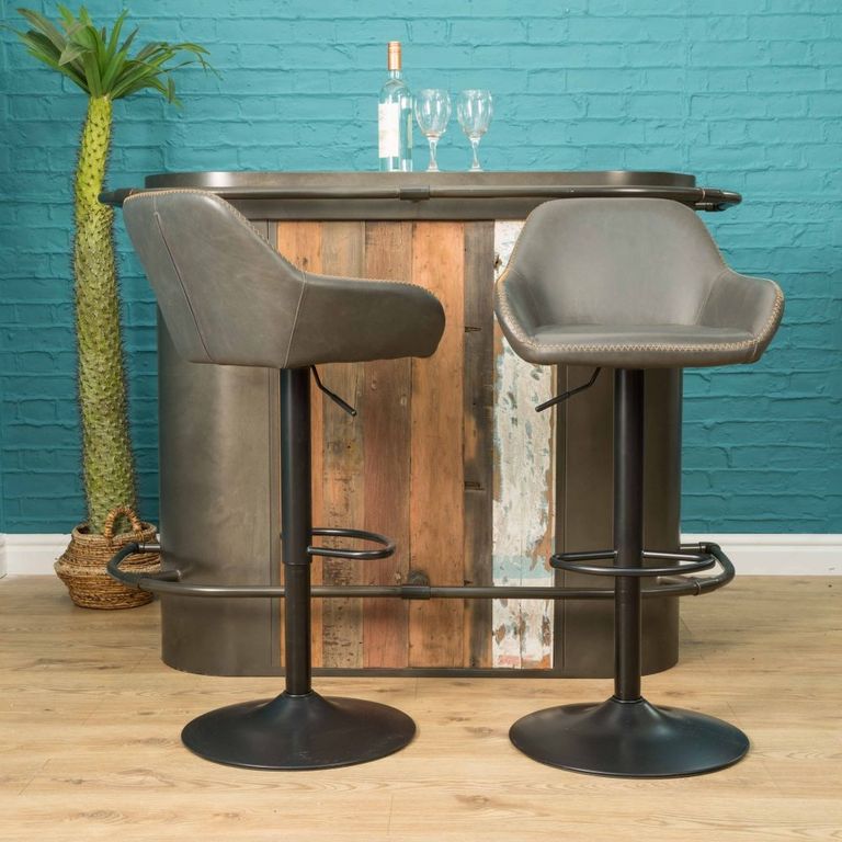 2 x Hawai Grey Vintage Leather Gas Lift Barstool
