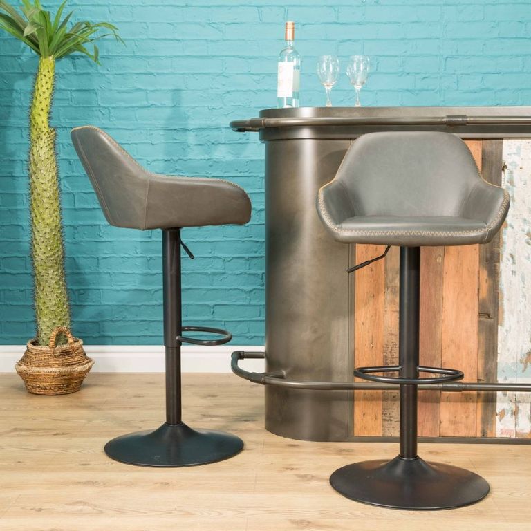 2 x Hawai Grey Vintage Leather Gas Lift Barstool