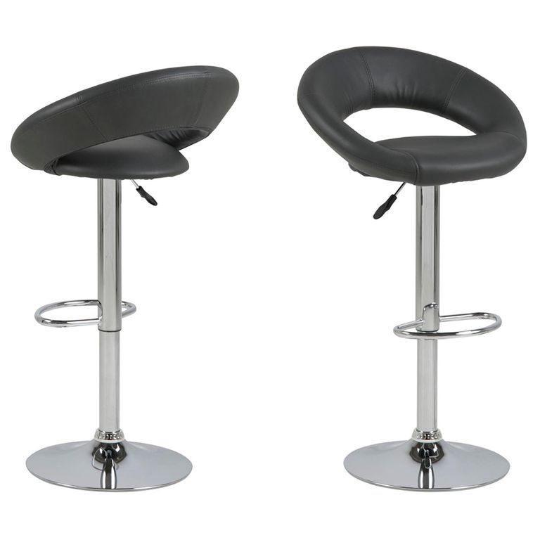 Plump Barstool - Set of 2 - Grey Faux Leather - Chrome - Gas Lift