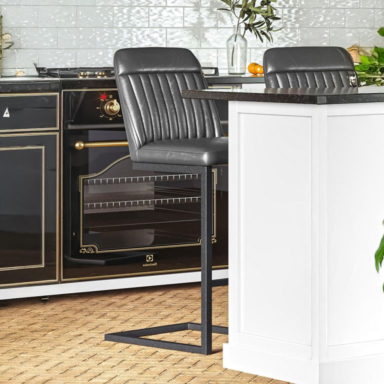 Vintage Barstools - Set of 2 - Grey Faux Leather - Cantilever Base