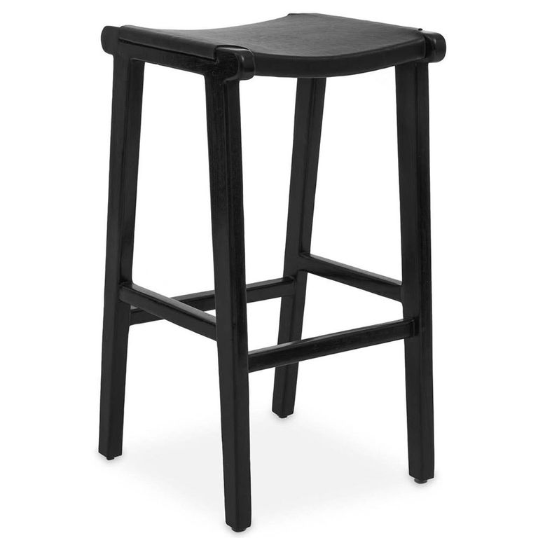Kendari Barstool - Black Leather with Teak Wood