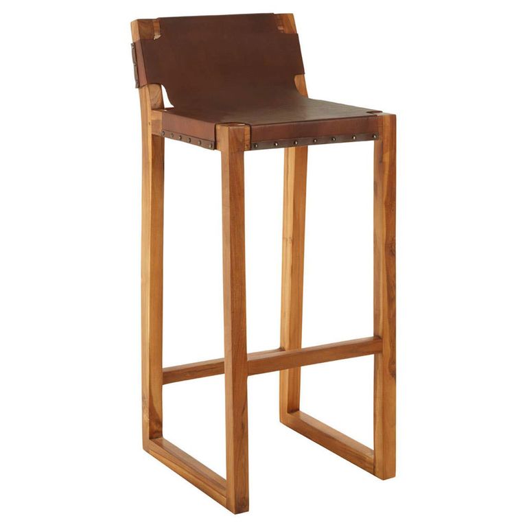 Kendari Barstool - Brown Leather with Teak Wood