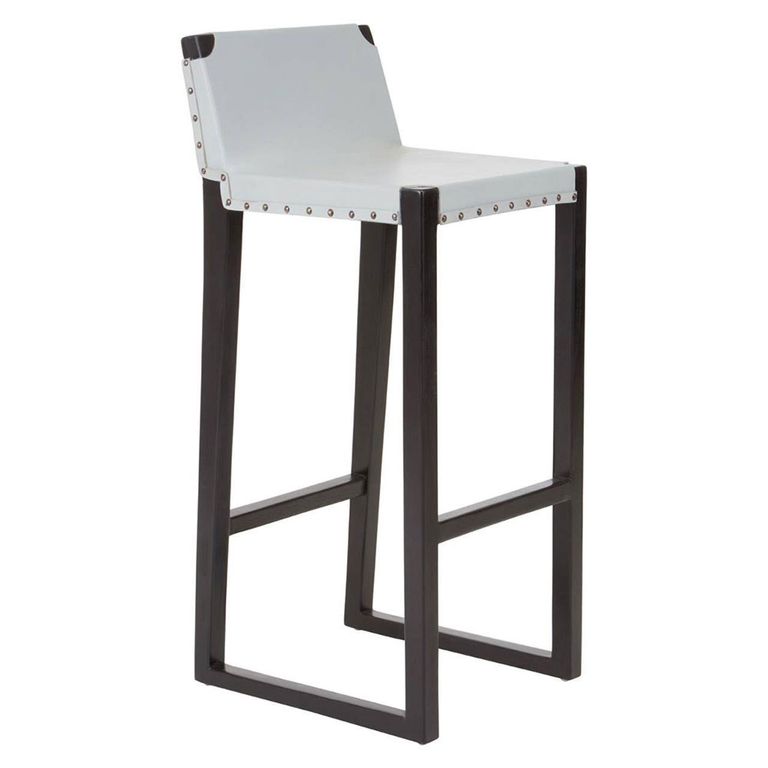 Kendari Barstool - Grey Leather with Teak Wood