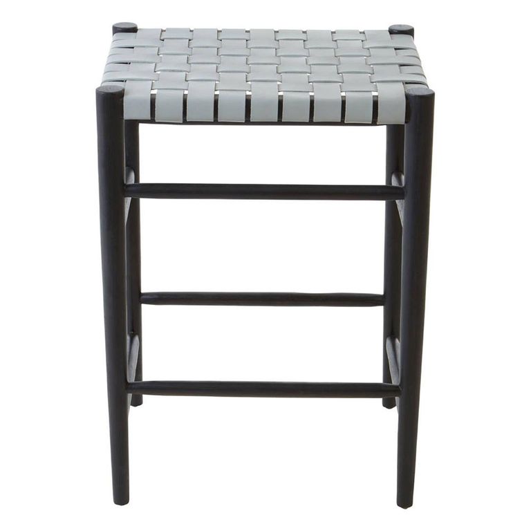 Kendari Barstool - Grey Leather with Teak Wood