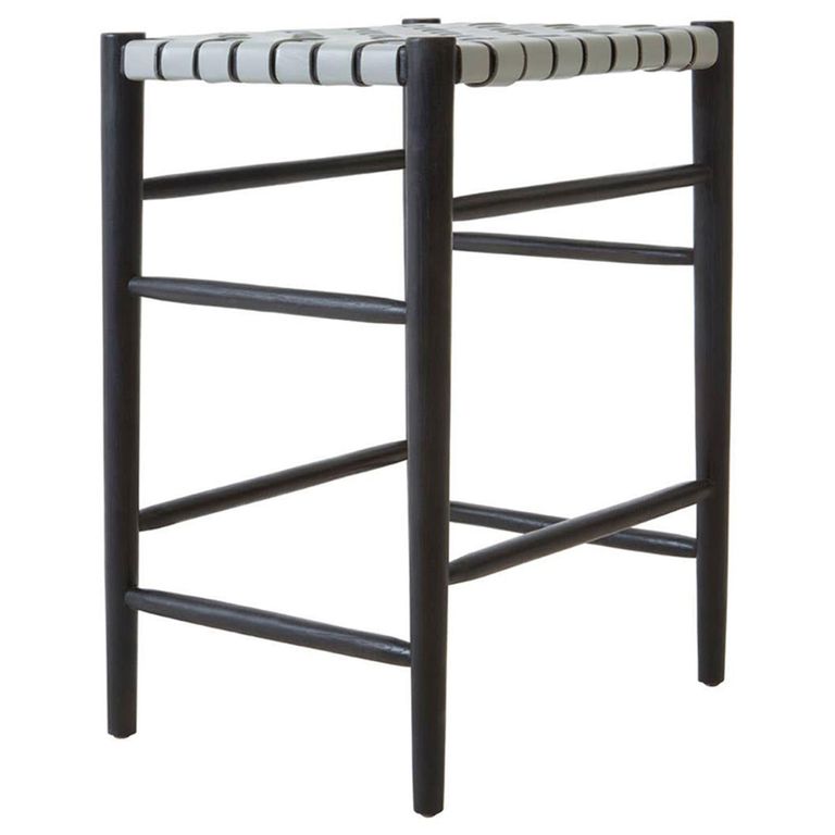 Kendari Barstool - Grey Leather with Teak Wood