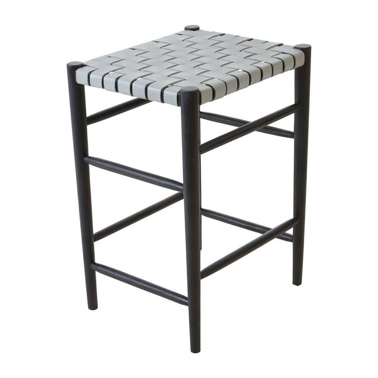 Kendari Barstool - Grey Leather with Teak Wood