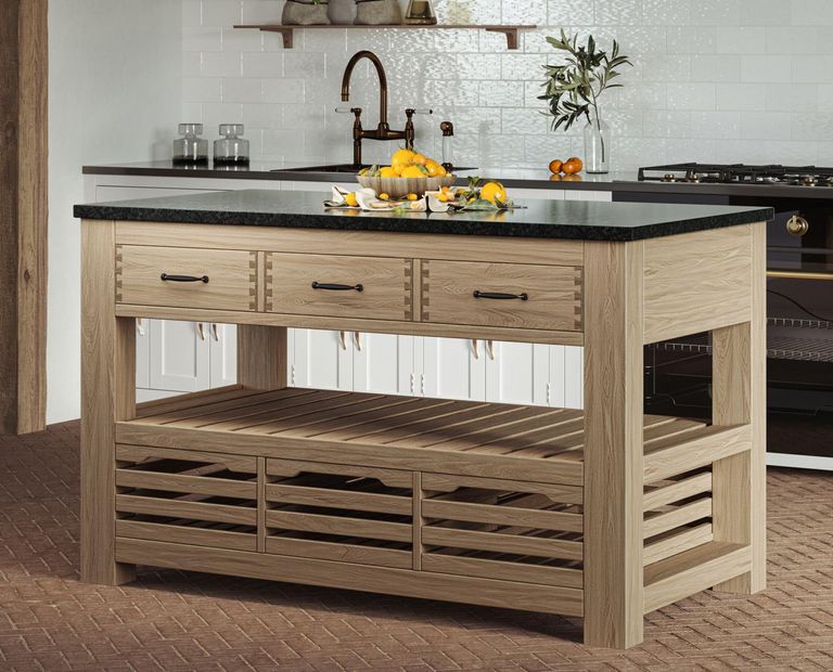 Oak Kitchen Island - 3 Drawer - Black Granite Top