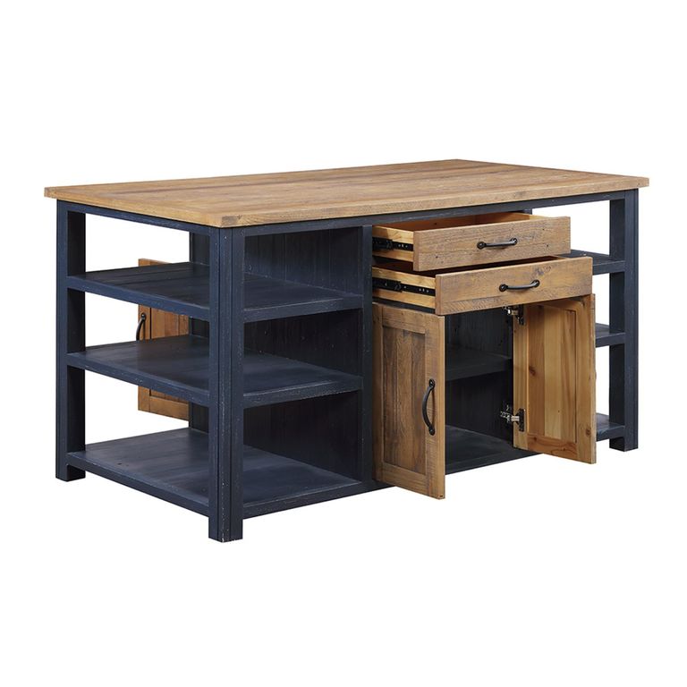 Splash Blue Kitchen Island - Reclaimed Wood - 2 Door