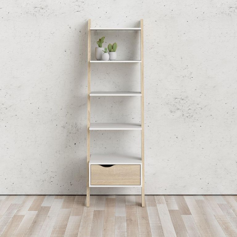 Oslo Bookcase - 1 Drawer - Leaning - White and Oak