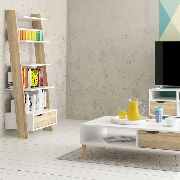 Oslo Bookcase - 1 Drawer - Leaning - White and Oak