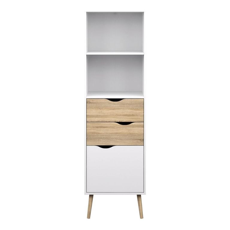 Oslo Bookcase - 1 Door - 2 Drawer - Narrow - White and Oak