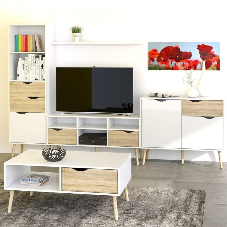Oslo Bookcase - 1 Door - 2 Drawer - Narrow - White and Oak