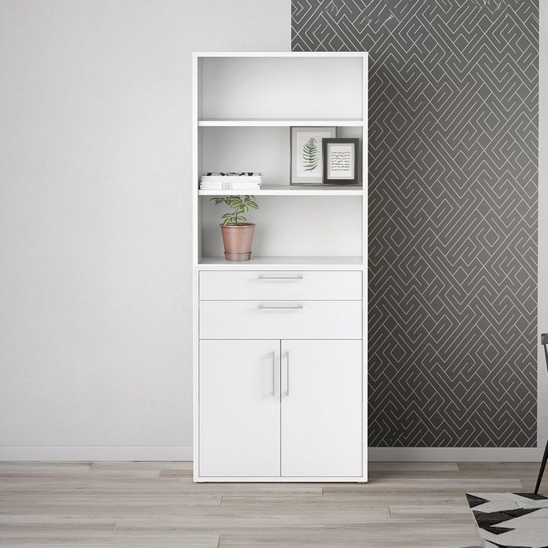 Prima Bookcase - High - 2 Door - 2 Drawer - White
