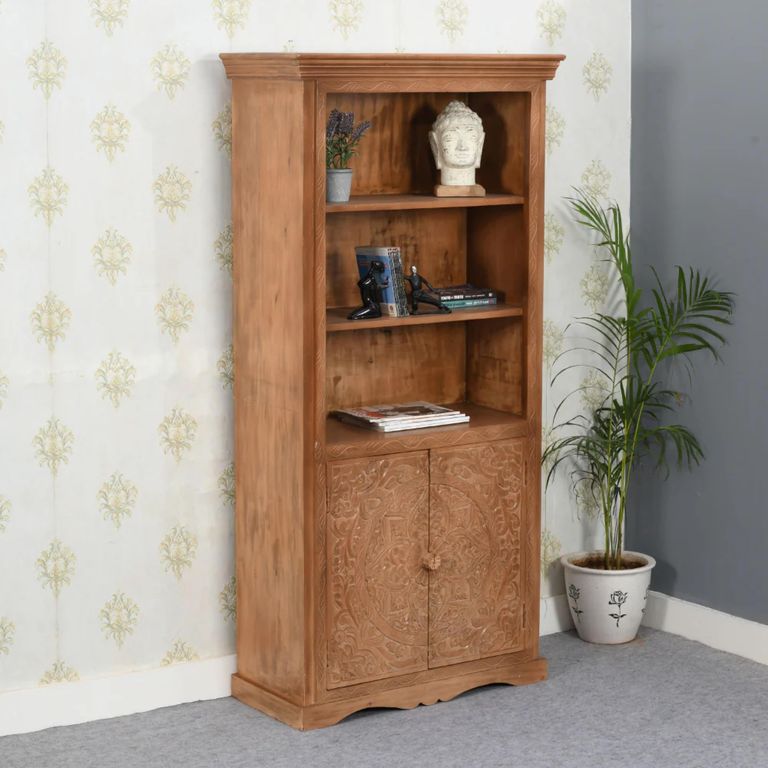 Artwork Carved Bookcase -2 Door - Mango Wood