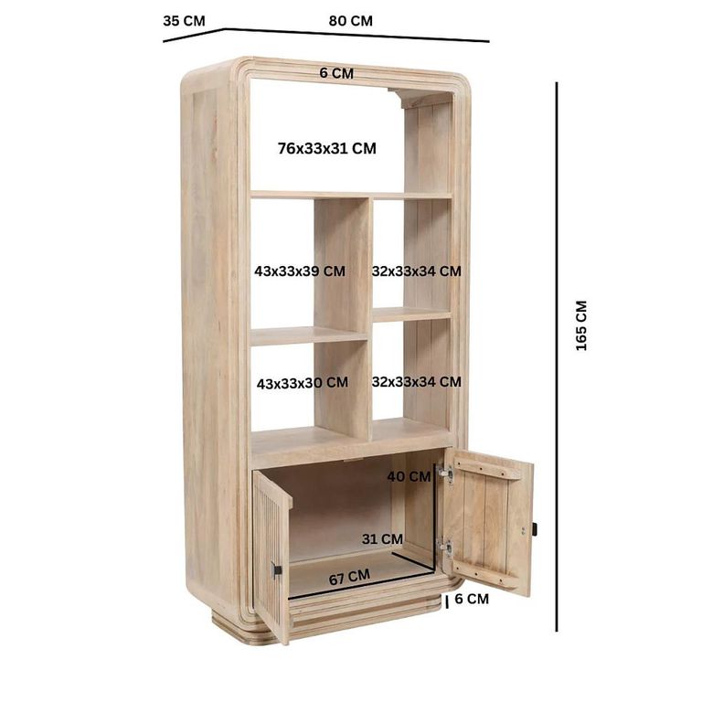 Hudson Bookcase - with Cupboard - Ribbed Carved - Mango Wood