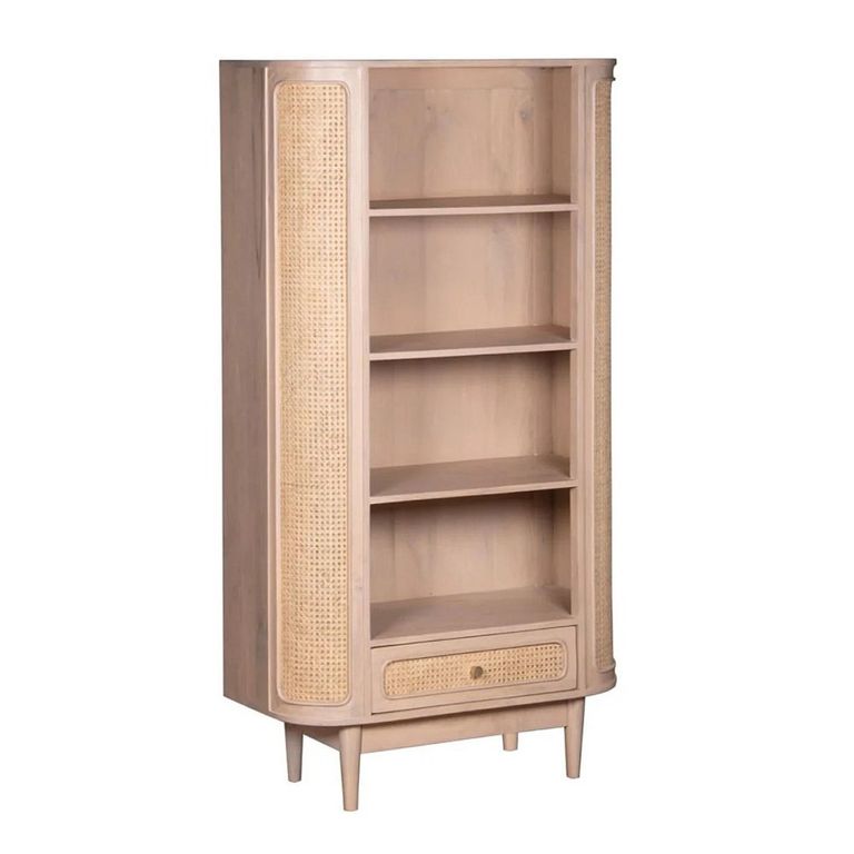 Valencia Bookcase - 1 Drawer - Curved - Natural Rattan and Mango Wood