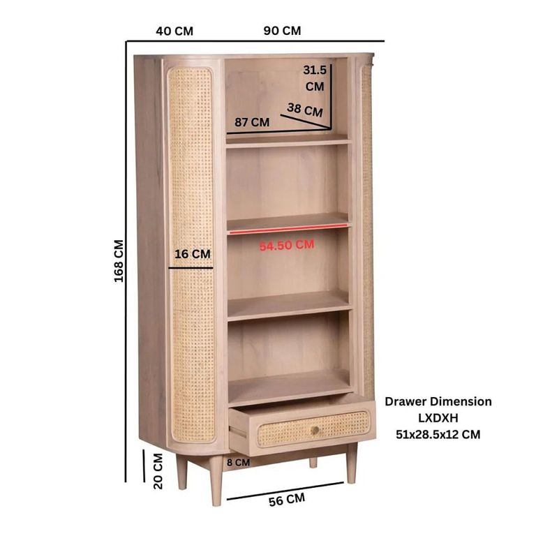 Valencia Bookcase - 1 Drawer - Curved - Natural Rattan and Mango Wood