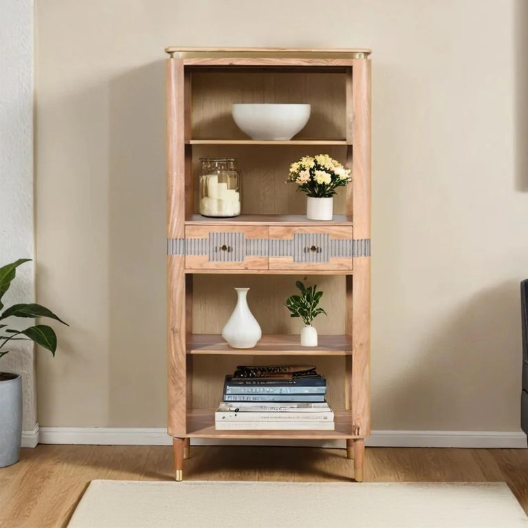 Wilton Bookcase - 2 Drawer - Large - Open - Ribbed - Gold Trim - Acacia Wood