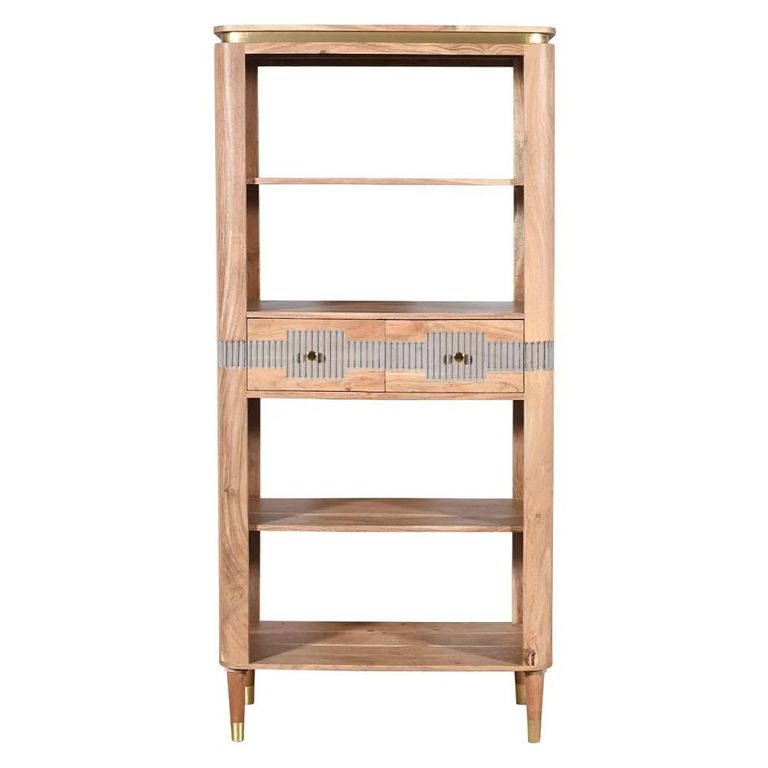 Wilton Bookcase - 2 Drawer - Large - Open - Ribbed - Gold Trim - Acacia Wood