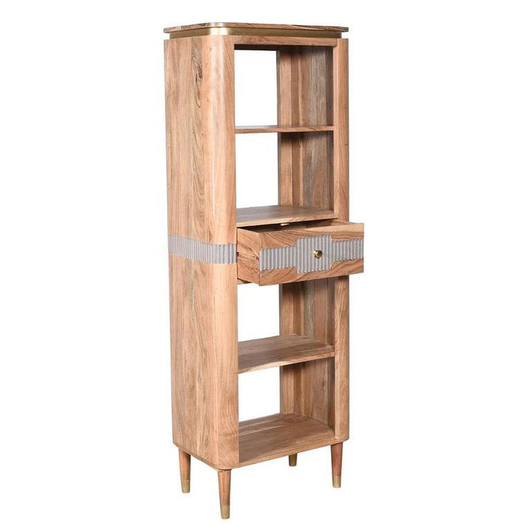 Wilton Bookcase - 1 Drawer - Slim - Open - Ribbed - Gold Trim - Acacia Wood