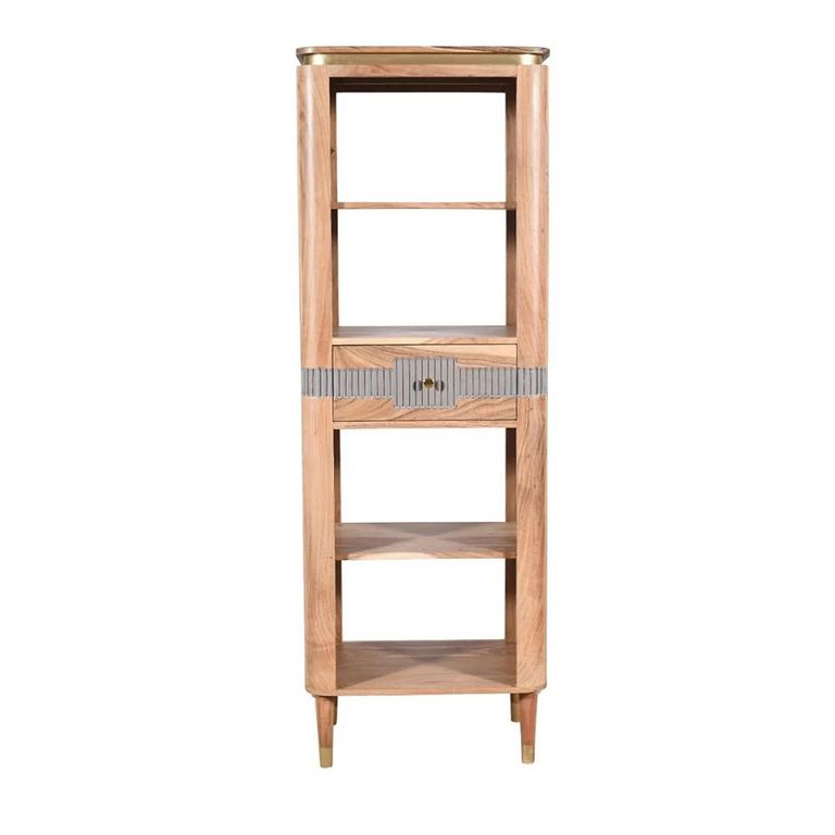 Wilton Bookcase - 1 Drawer - Slim - Open - Ribbed - Gold Trim - Acacia Wood