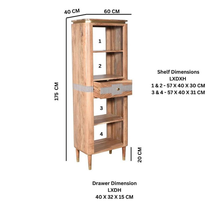 Wilton Bookcase - 1 Drawer - Slim - Open - Ribbed - Gold Trim - Acacia Wood