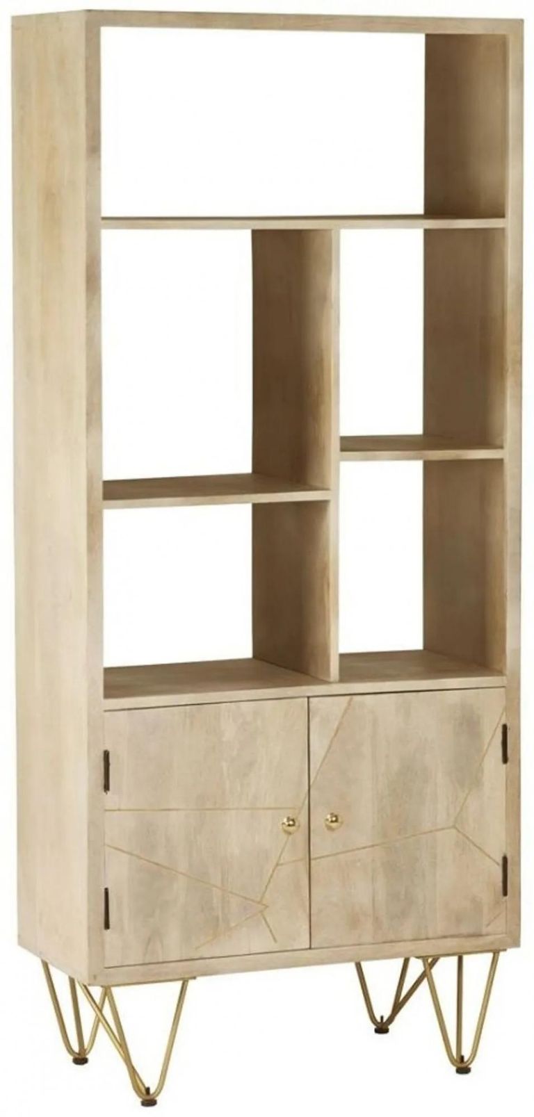 Bookcase - with Cupboard - Hairpin Legs - Gold Geometric Inlay - Light Mango Wood