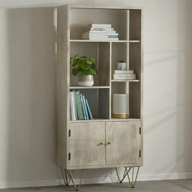 Bookcase - with Cupboard - Hairpin Legs - Gold Geometric Inlay - Light Mango Wood