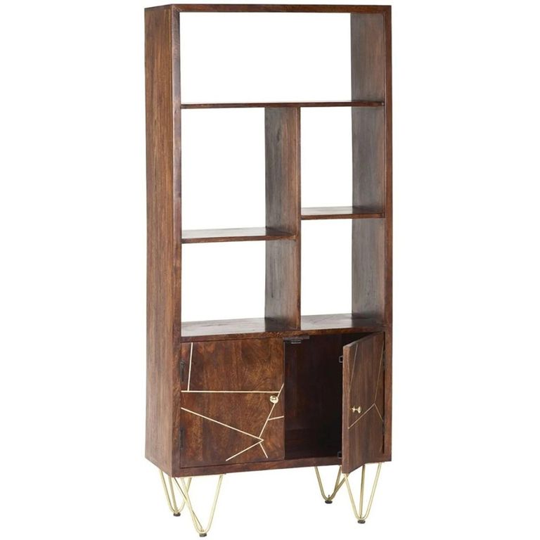 Bookcase - with Cupboard - Hairpin Legs - Gold Geometric Inlay - Dark Mango Wood