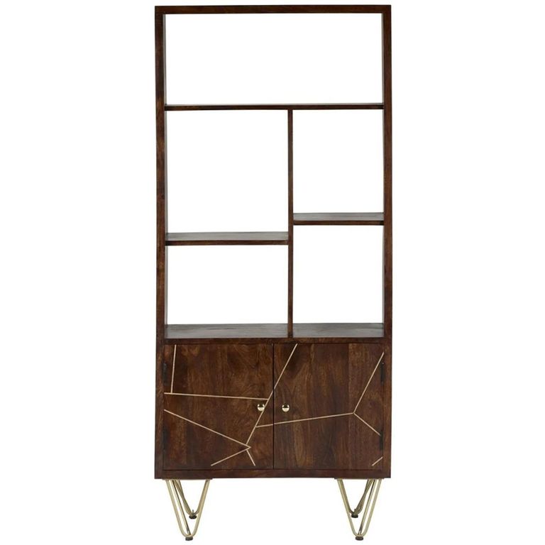 Bookcase - with Cupboard - Hairpin Legs - Gold Geometric Inlay - Dark Mango Wood