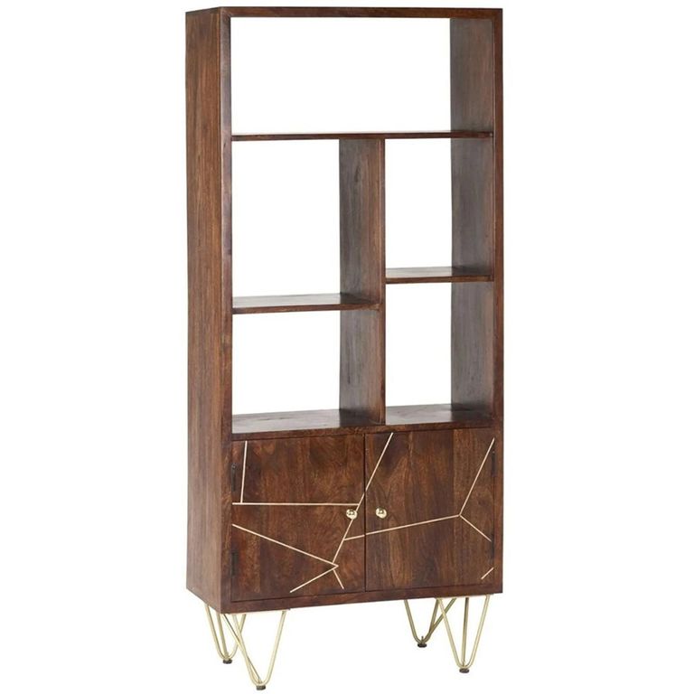 Bookcase - with Cupboard - Hairpin Legs - Gold Geometric Inlay - Dark Mango Wood