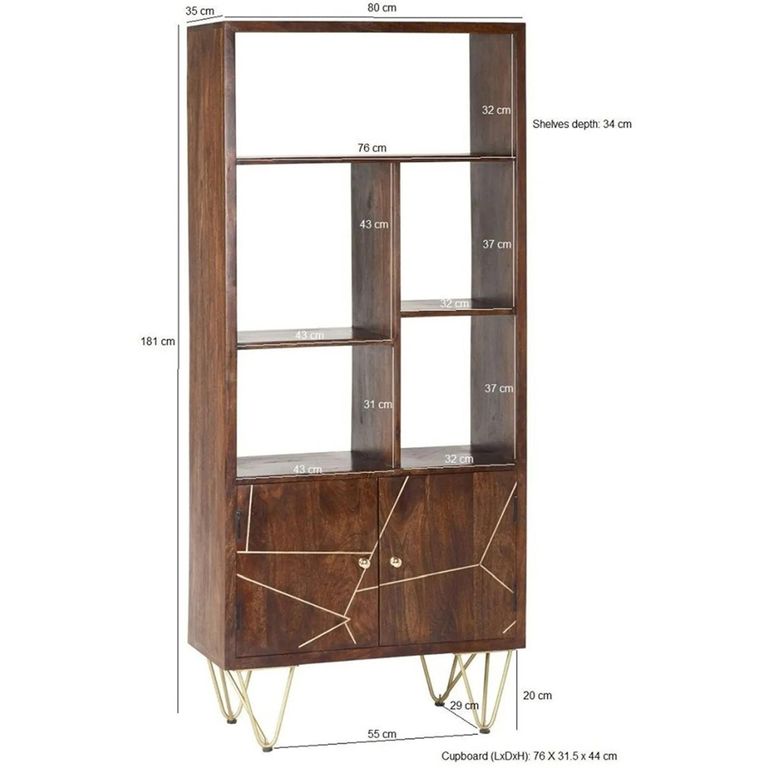 Bookcase - with Cupboard - Hairpin Legs - Gold Geometric Inlay - Dark Mango Wood