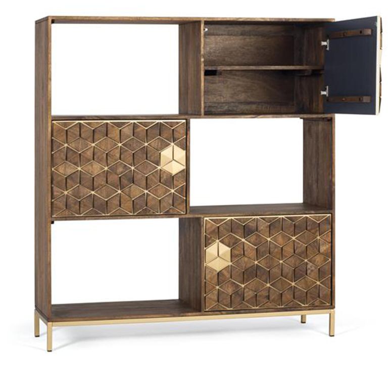 Caltan Bookcase - 3 Door - Walnut Mango Wood and Gold - Geometric