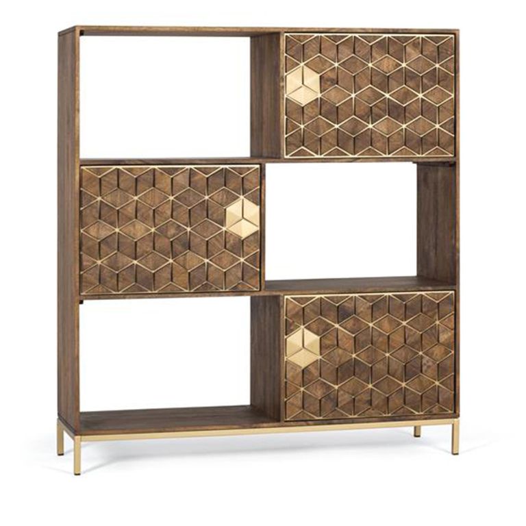 Caltan Bookcase - 3 Door - Walnut Mango Wood and Gold - Geometric