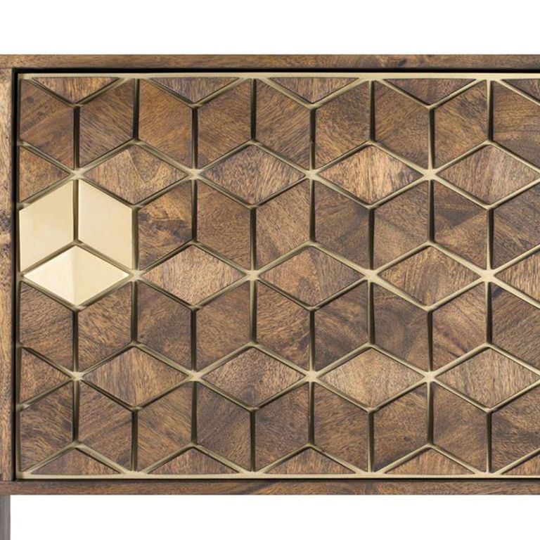 Caltan Bookcase - 3 Door - Walnut Mango Wood and Gold - Geometric