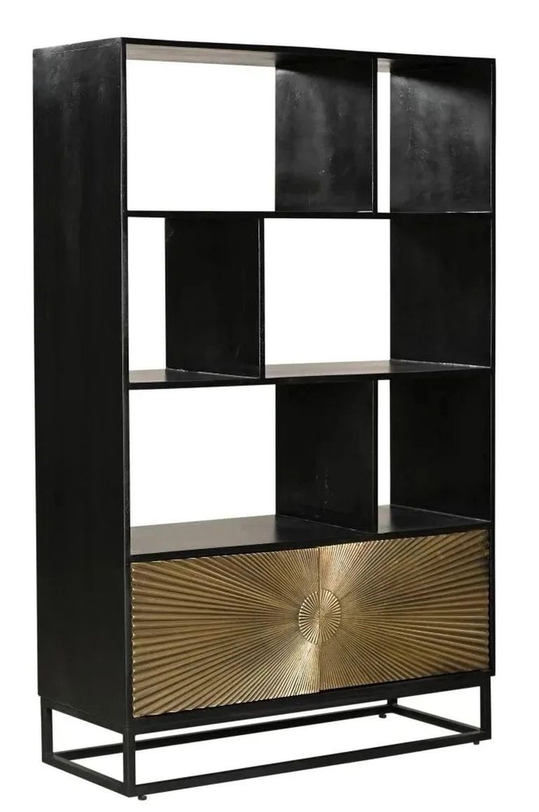 Clearance - Luxe Black and Antique Gold Starburst Open Display Shelving Unit with Cupboard - Brand New Item