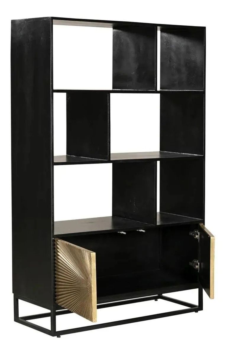 Clearance - Luxe Black and Antique Gold Starburst Open Display Shelving Unit with Cupboard - Brand New Item